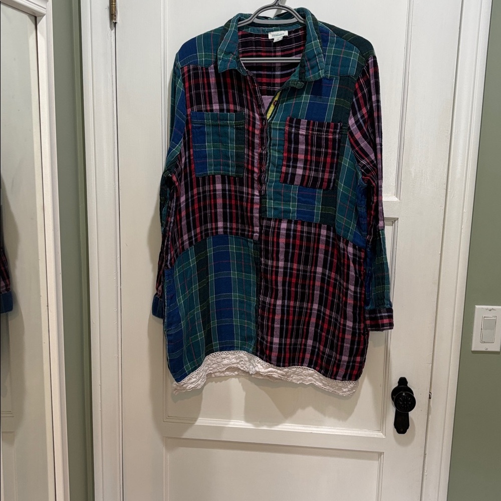 Sundance Plaid Patchwork Flannel Button Down Shir… - image 1